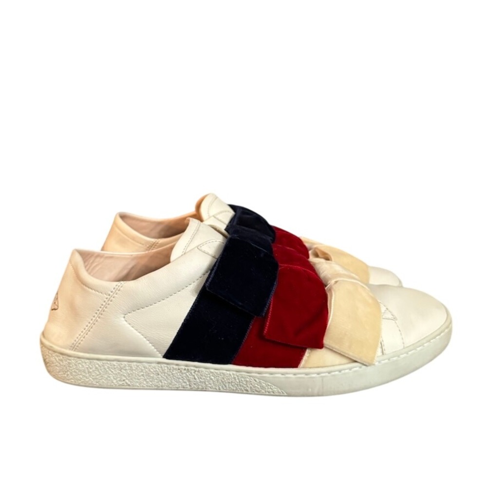 Gucci Ace White Leather Triple Velvet Bow Bee Sneakers Low Top Made in Italy 40